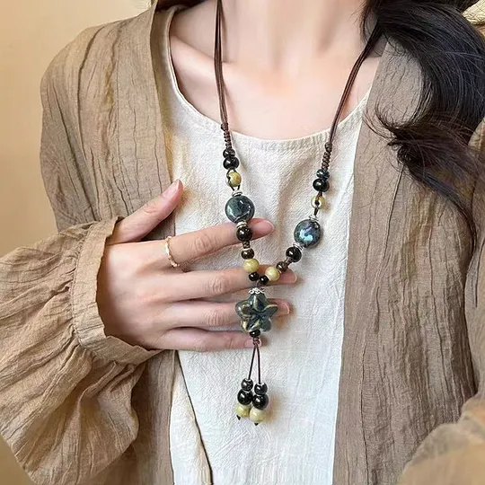 Ethnic Style Wooden Moon Smiley Long Woolen Chain Fashion Retro Niche Elegant High-end All-match Necklace for Women