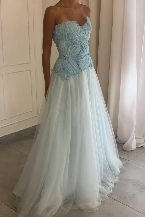 Ovlias Dreamy Baby Blue Strapless Prom Dress Sleeveless A-Line Tulle with  Rhinestone