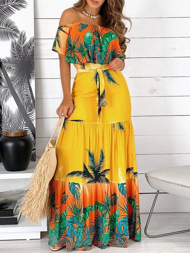One Shoulder Ruffles Trim Floral Print Dress P13765