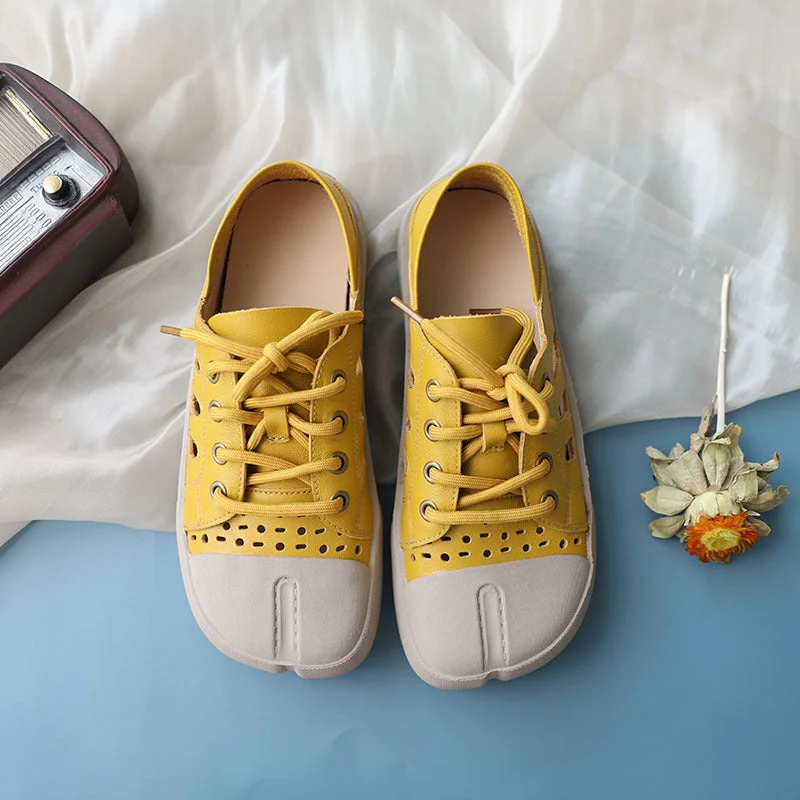 Handmade Leather Loafers Mori Girl Shoes Split Toe Comfort Casual Flat Shoes Apricot/Coffee//Yellow