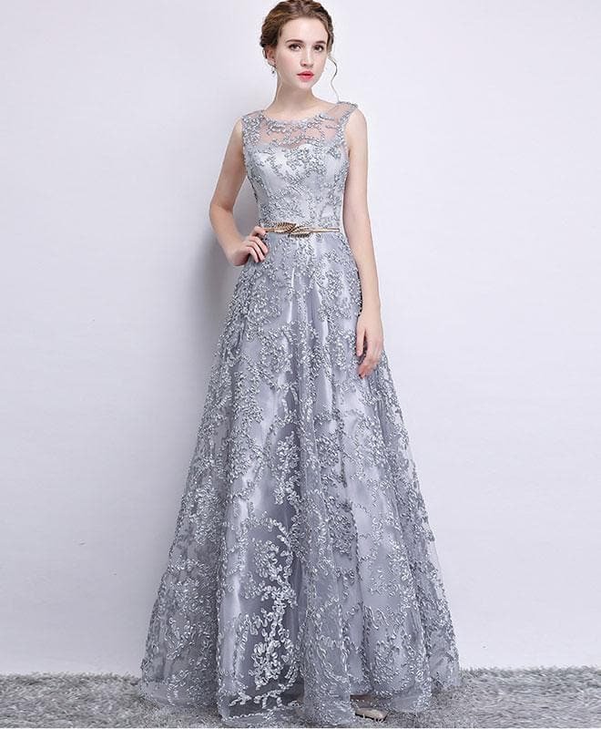 Gray Tulle Lace Long Prom Dress , Gray Evening Dress