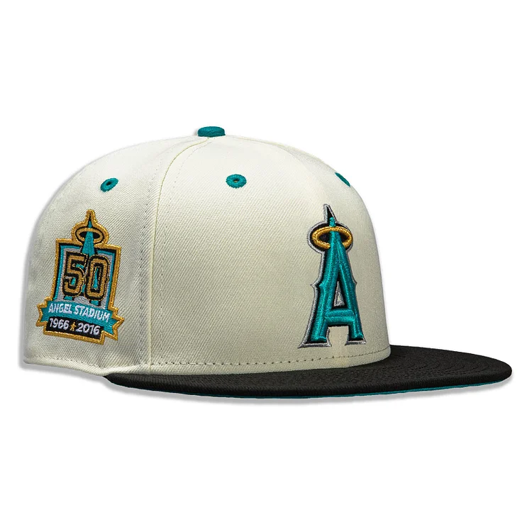 Exclusive New Era 59fifty Tropics Los Angeles Angels 50th Anniversary Patch Hat - White, Black, Teal QueenFunky