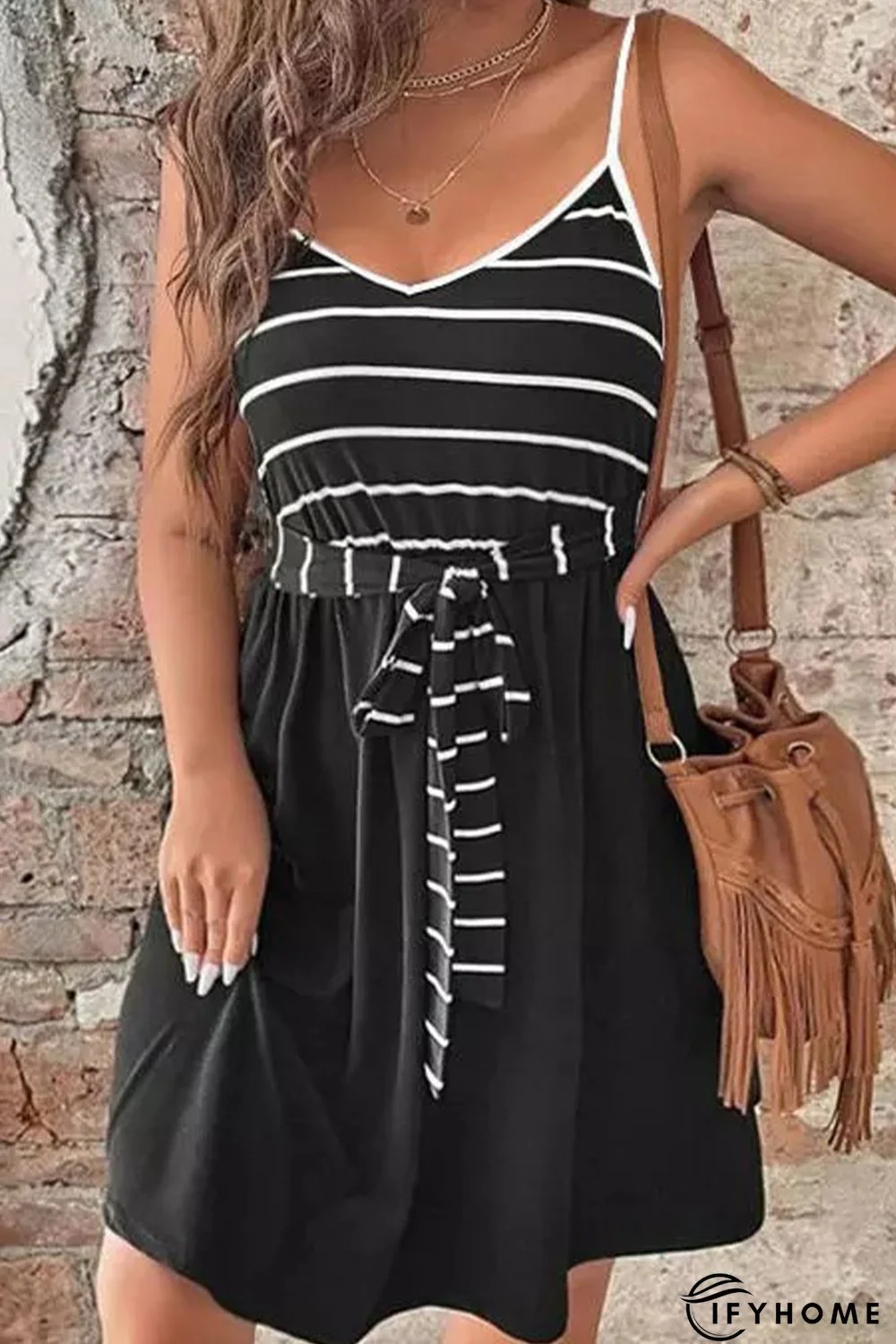 Black Spaghetti Straps Striped Cami Dress with Sash | IFYHOME