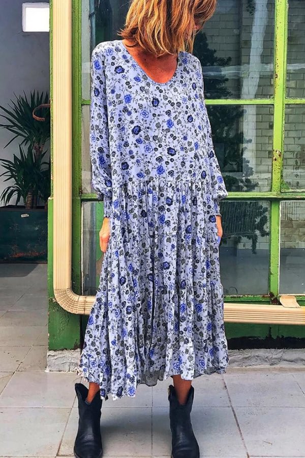 Ruffled Floral Scoop Long Swing Dress - BlackFridayBuys