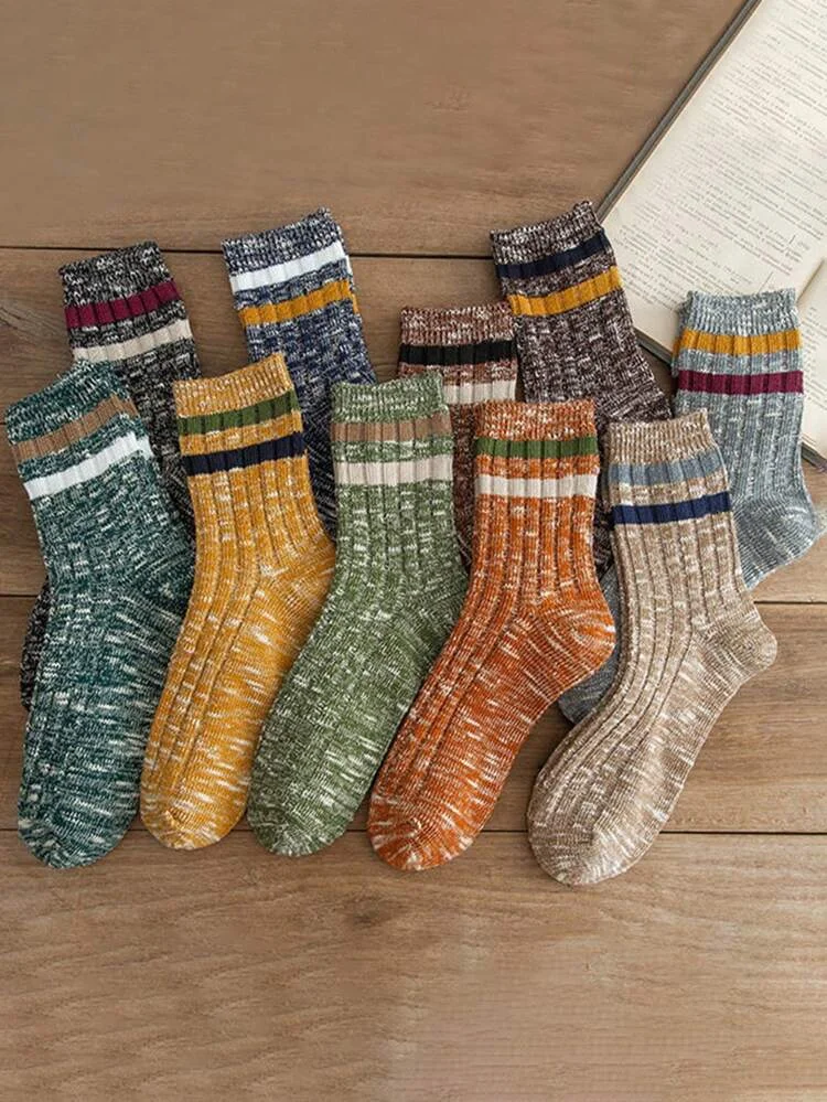 Men's Retro Striped Color Splice Ten Pairs Random Casual Crew Socks