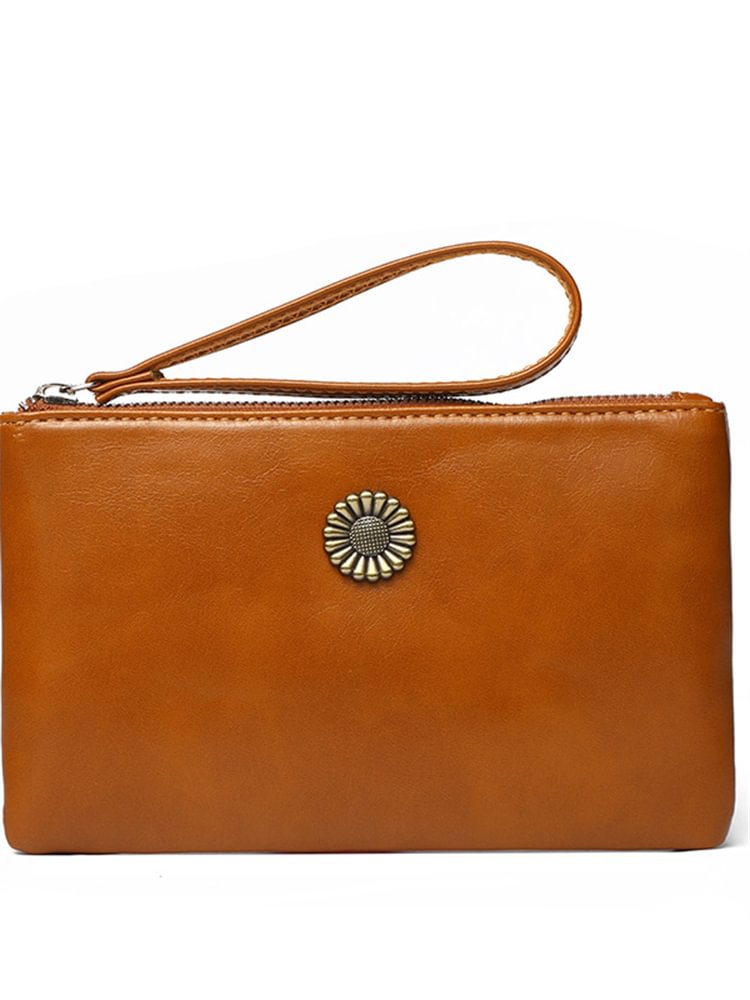 Sunflower Button Oiled Leather Handbag Coin Purse
