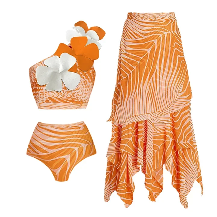 3D Flower Printed One Piece Swimsuit and Skirt Flaxmaker