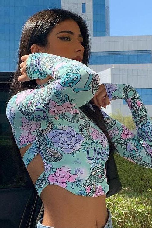 Women's Print Elastic Crop Cut Out Top - BlackFridayBuys