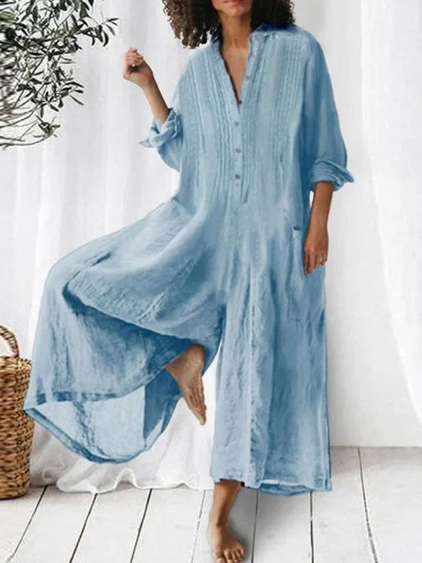 Women's Simple Loose Long Sleeve V-neck Jumpsuits