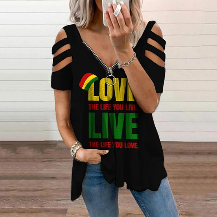 Love Life Print Off-The-Shoulder T-Shirt