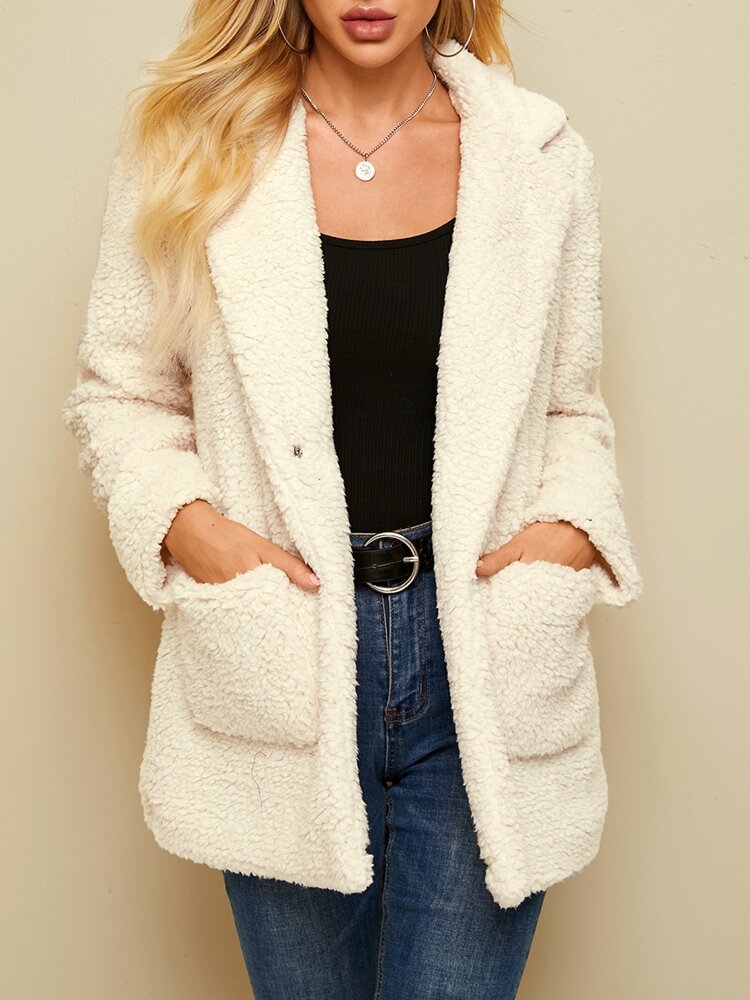 Women Solid Color Pocket Lapel Collar Plush Casual Coat