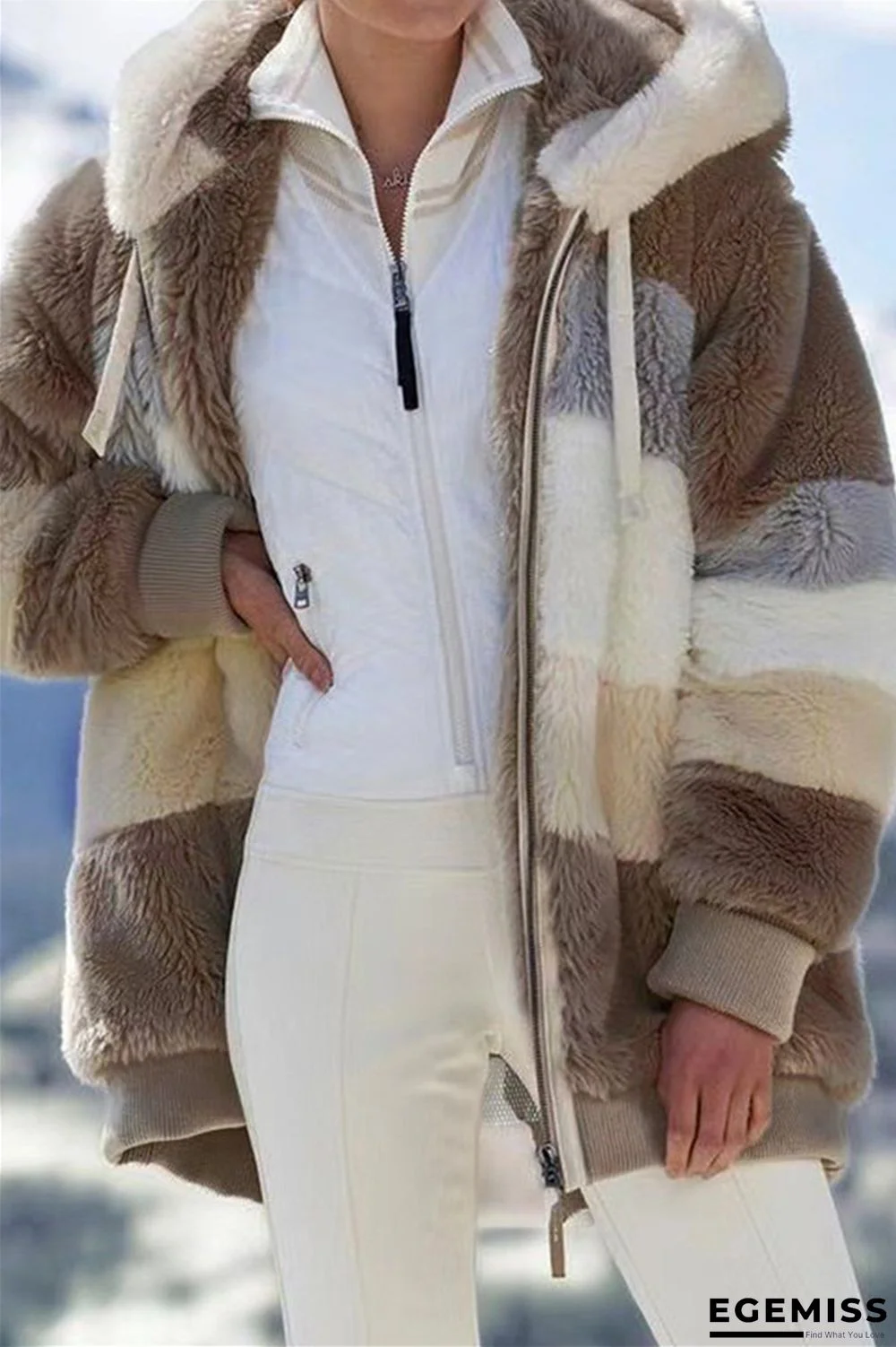 Khaki Fashion Casual Patchwork Zipper Hooded Collar Plus Size Overcoat | EGEMISS