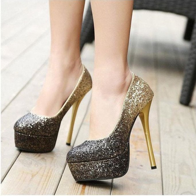 Black Gradient Sparkly Heels Glitter Peep Toe Platform Pumps |FSJ Shoes