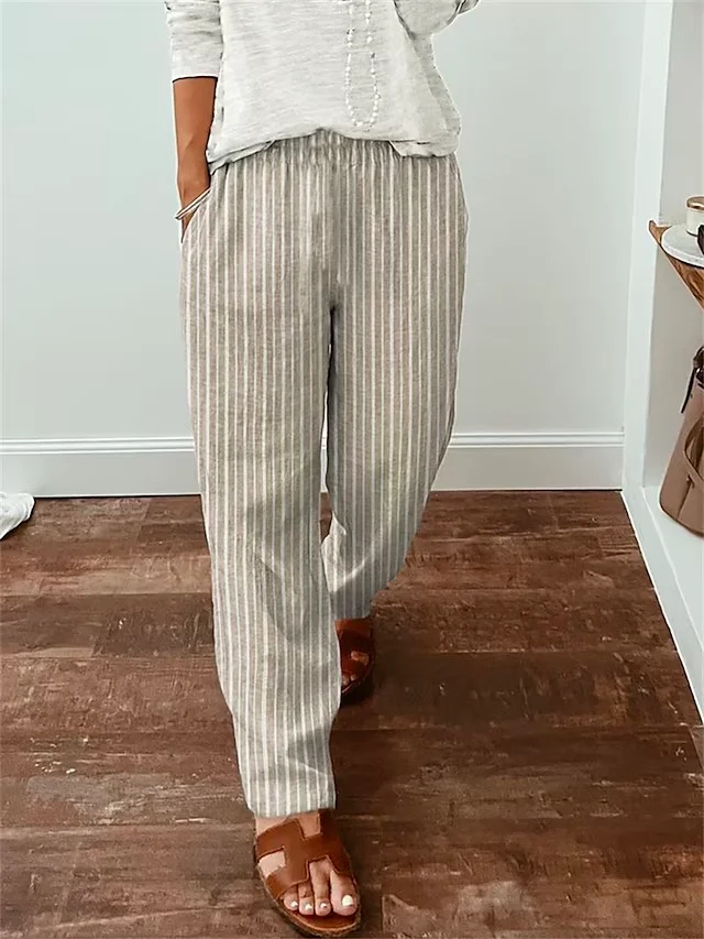 Women's Pants Trousers Faux Linen Khaki Fashion Casual Weekend Side Pockets Full Length Comfort Striped socialshop