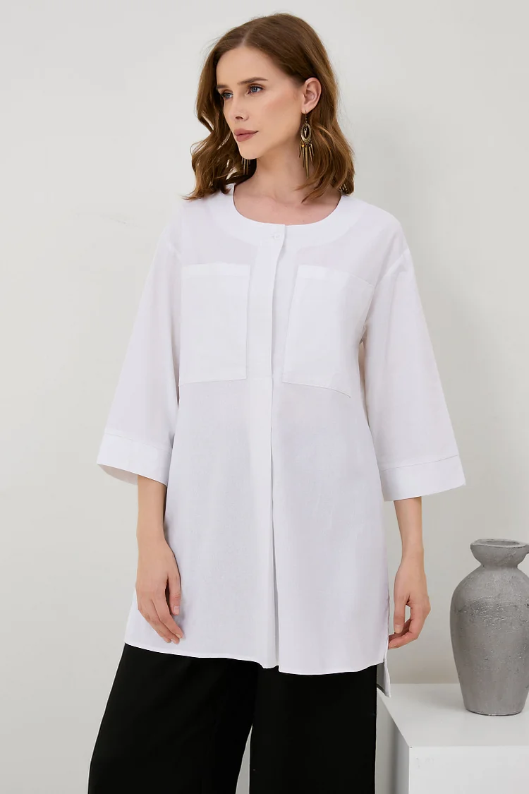 Womens Cotton Linen Pocket Fashion Shirt[ Pre Order ]