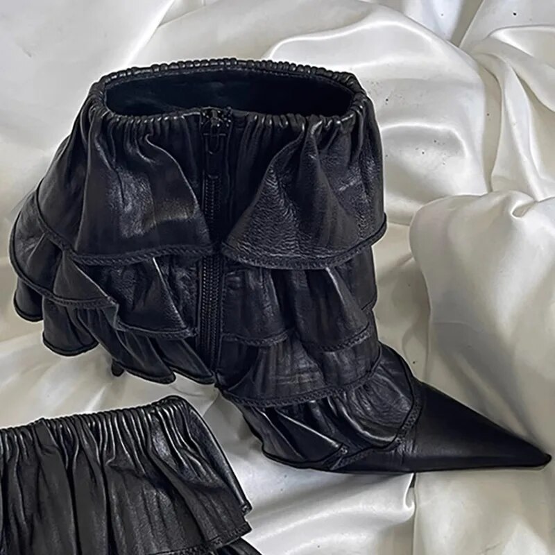 VCSHOES Black Cake Layered Lace Stiletto Ankle Boots Woman Side Zipper Pointed Toe Boots Wedding Shoes For Women