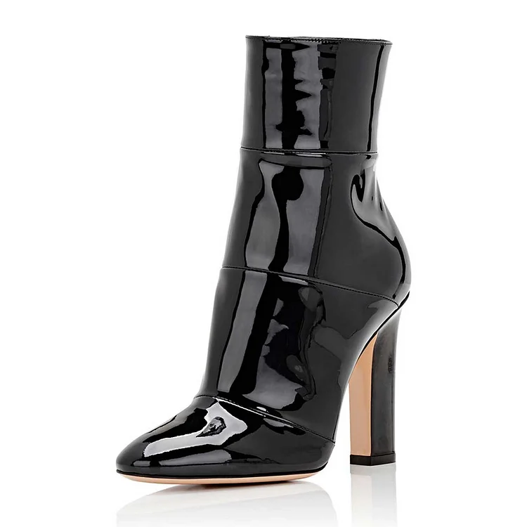 Black Chunky Heel Boots Patent Leather Pointy Toe Ankle Boots |FSJ Shoes