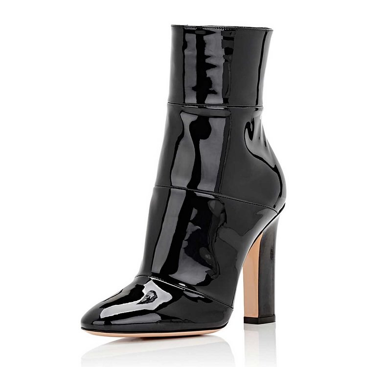 Black Chunky Heel Boots Patent Leather Pointy Toe Ankle Booties |FSJ Shoes
