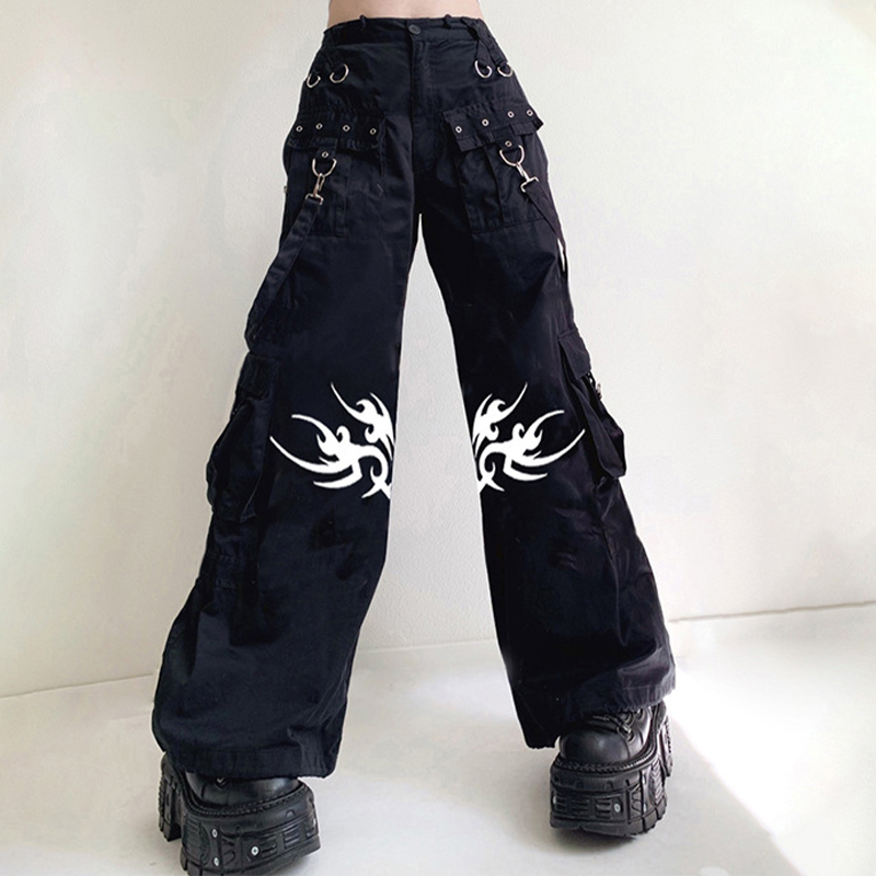 Gothic Print Pocket Wide Leg Casual Pants