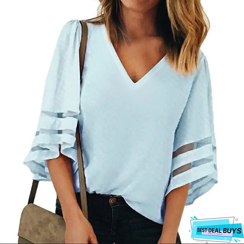 Women V Neck Flared Sleeves Mesh Patchwork Plus Size Casual Loose Mesh Blouse Tops
