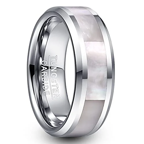 Men ​Women Natural Abalone Shell Mother of Pearl Inlay Tungsten Wedding Bands Rings For Beveled Edge