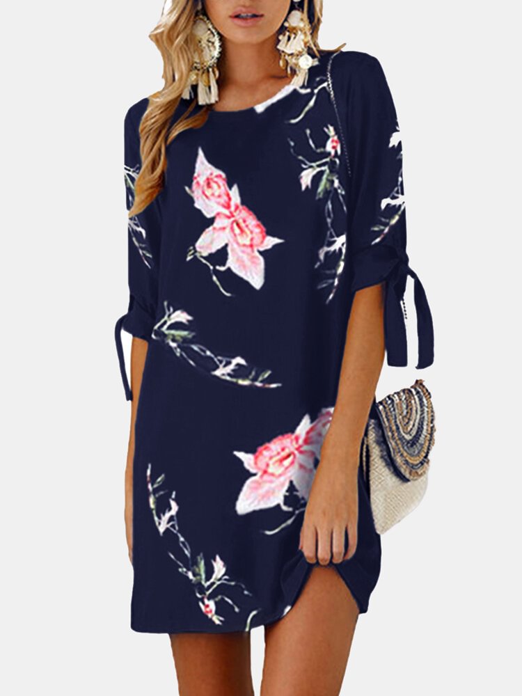 Floral Printed O-neck Half Sleeve Midi Dress