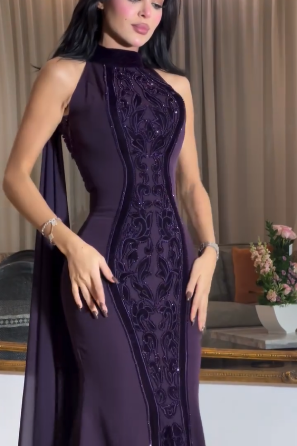 Lussooy Charming Grape High Neck Sleeveless Beaded Sequins Prom Dress with Watteau