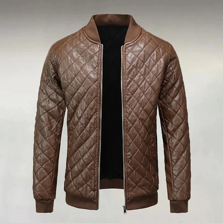 Men's Punk PU Leather Stand Collar Zipper Pocket Long Sleeve Quilted Bomber Jacket