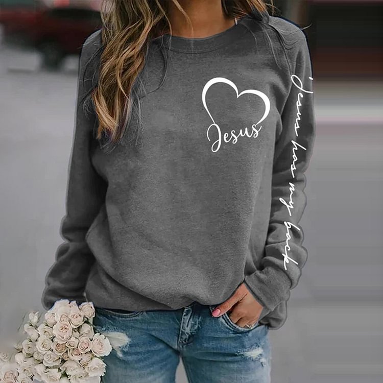 Comstylish Jesus Has My Back Letters Print Long Sleeve Casual Sweatshirt