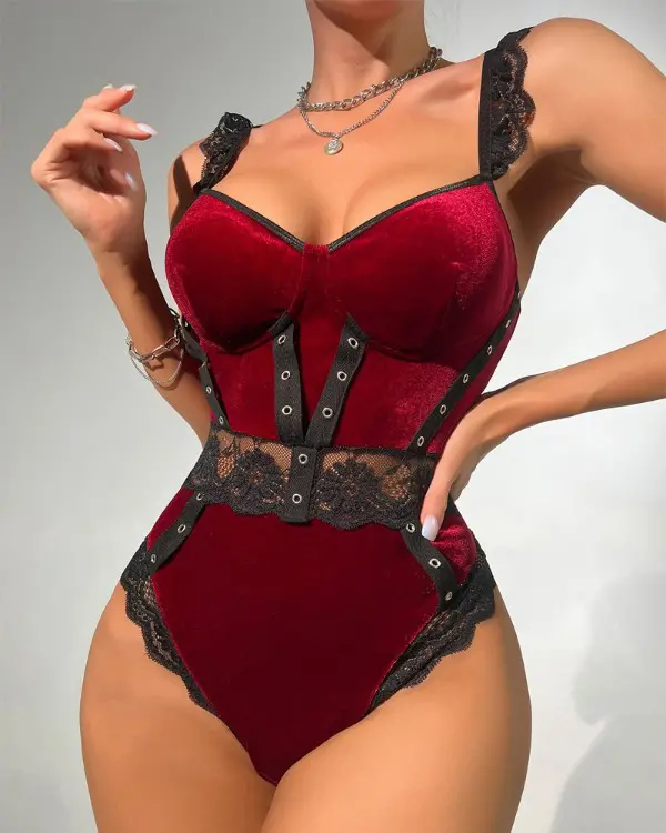 Black One Piece Metal Grommets Strappy Teddy