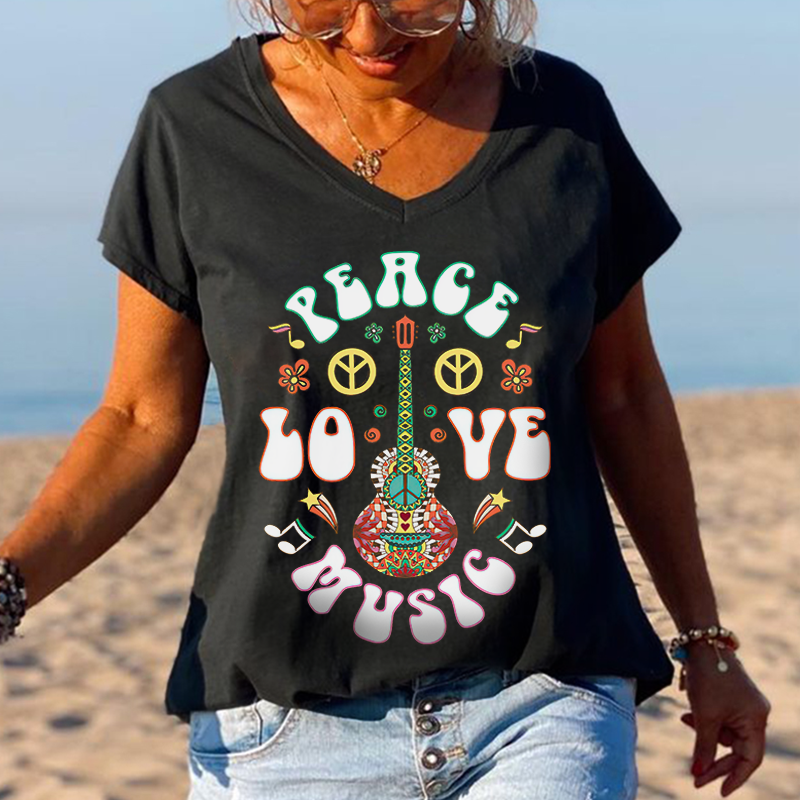Peace Love Music Guitar Printed Hippie Oversize Women's T-shirt