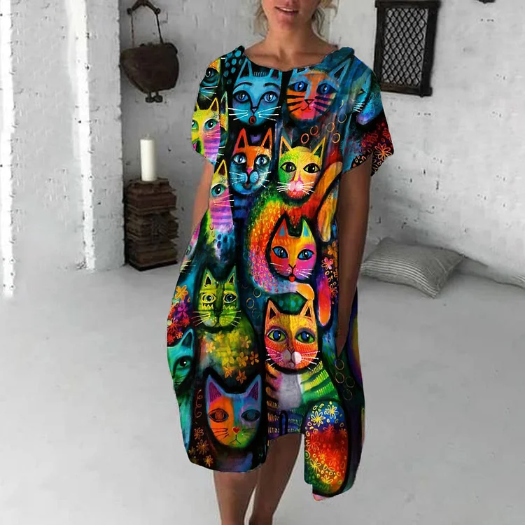Crew Neck Cat Print Casual Midi Dress