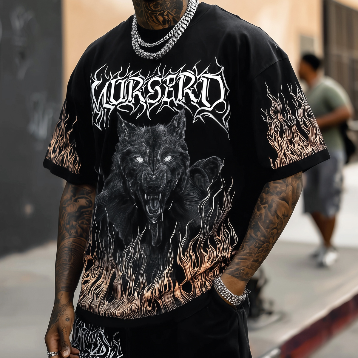 Cotton-Polyester Blend Wolf Flame Graphic T-Shirt