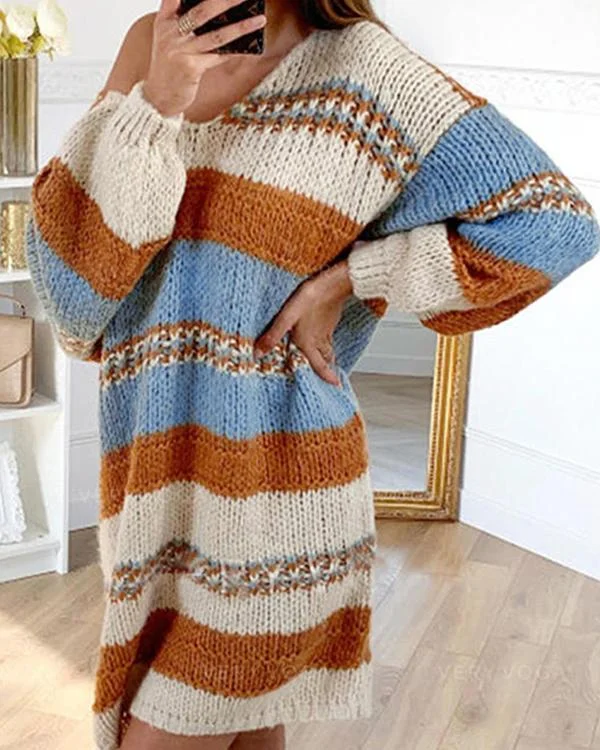 Multicolor Color Block Cable Knit Sweater Dress