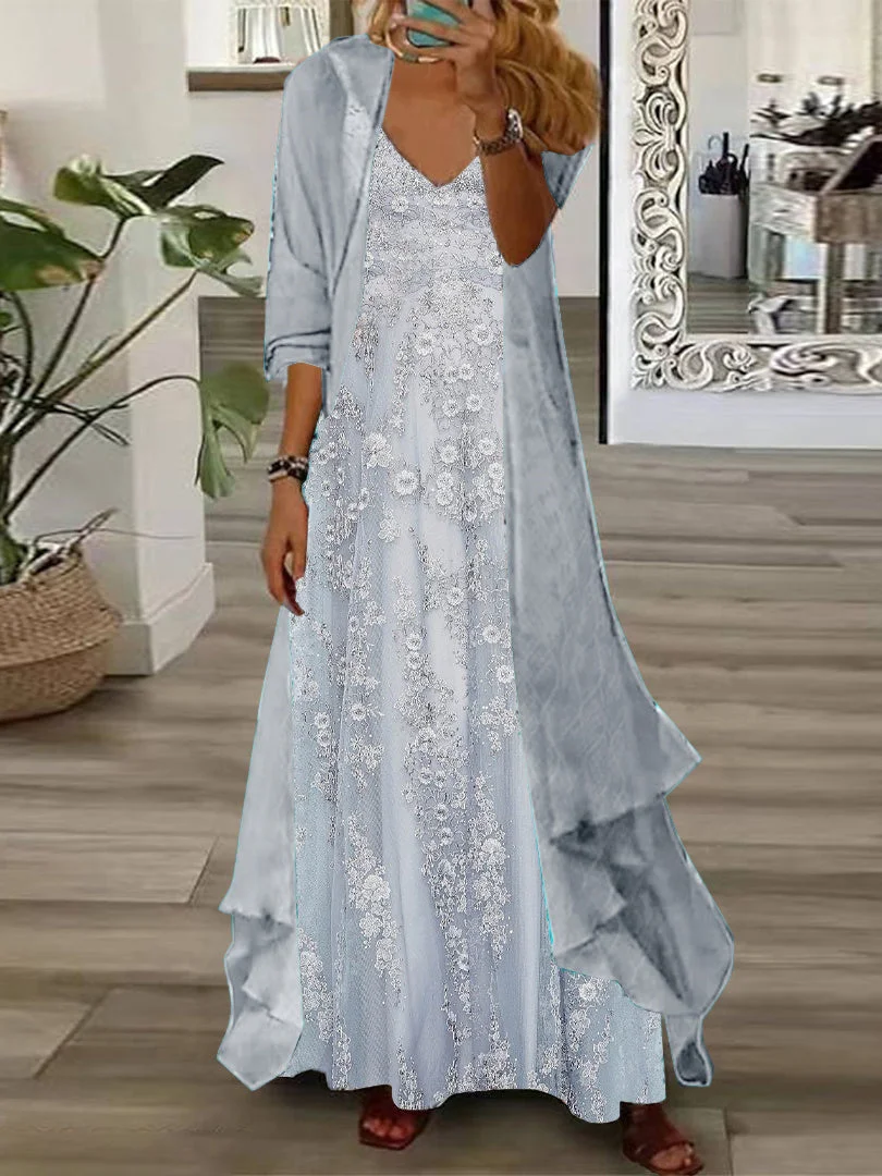 Women's Long Sleeve V-neck Floral Printed Two Pieces Maxi Dress