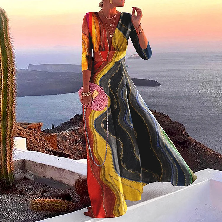 Vefave Casual Vintage Print Maxi Dress