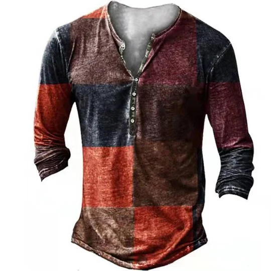 Retro Fashion Color Block Casual Long Sleeve Henry Shirt