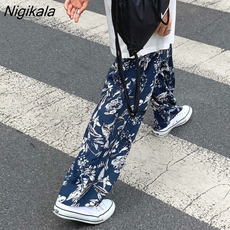 Nigikala Pants Womens Floral Printed Retro Beach All-match Wide Leg Korean Style Loose Trousers Chic Elegant Trendy Hot Popular