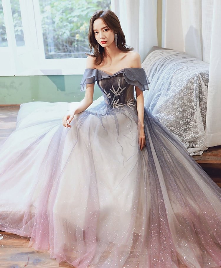 Simple Tulle Off Shoulder Long Prom Dress Blue Tulle Evening Dress