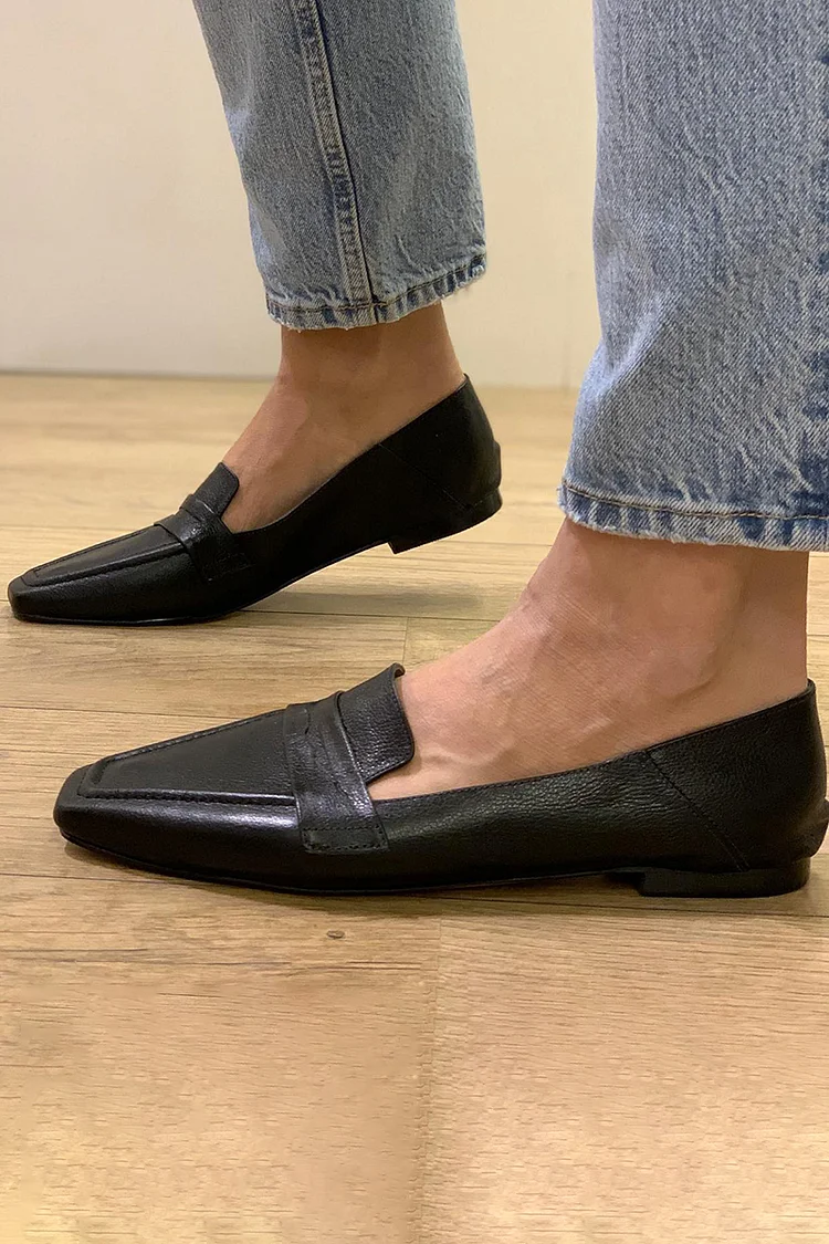 Solid Color Patchwork Square Toe Slip On Black Loafers