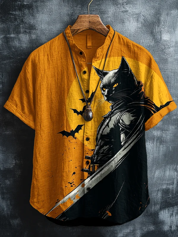 Men's Bat Cat Samurai Print Short Sleeve Shirt
