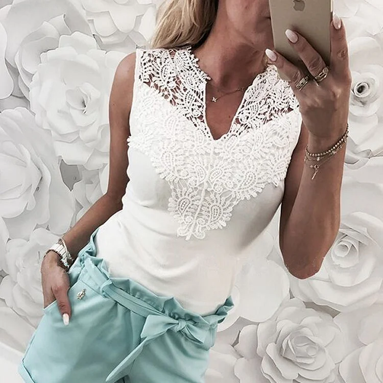 women's solid color stitching lace v-neck T-shirt socialshop