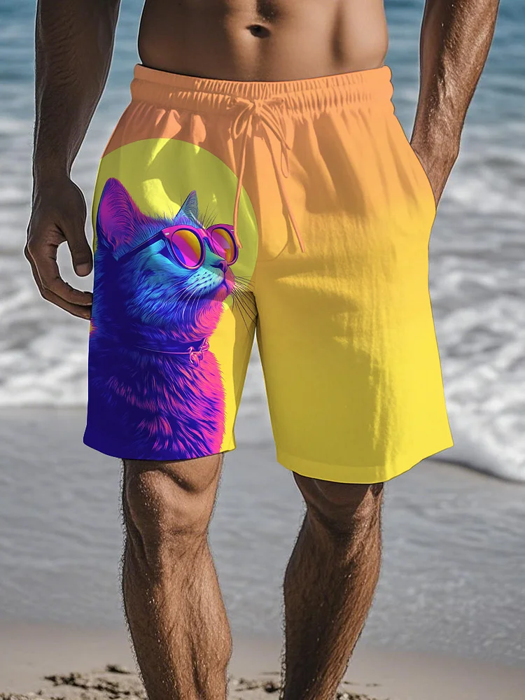 Men's Cat Sunglasses Sunset Art Print Vacation Shorts