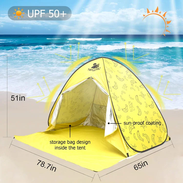Beach Tent with Door Curtain, Beach Shade, UPF 50+ Instant Portable Sun Shelter, Pop Up Baby Tent, for 3-4 Person or 5 Kids Canopy Cabana Shade yellow, X-Large