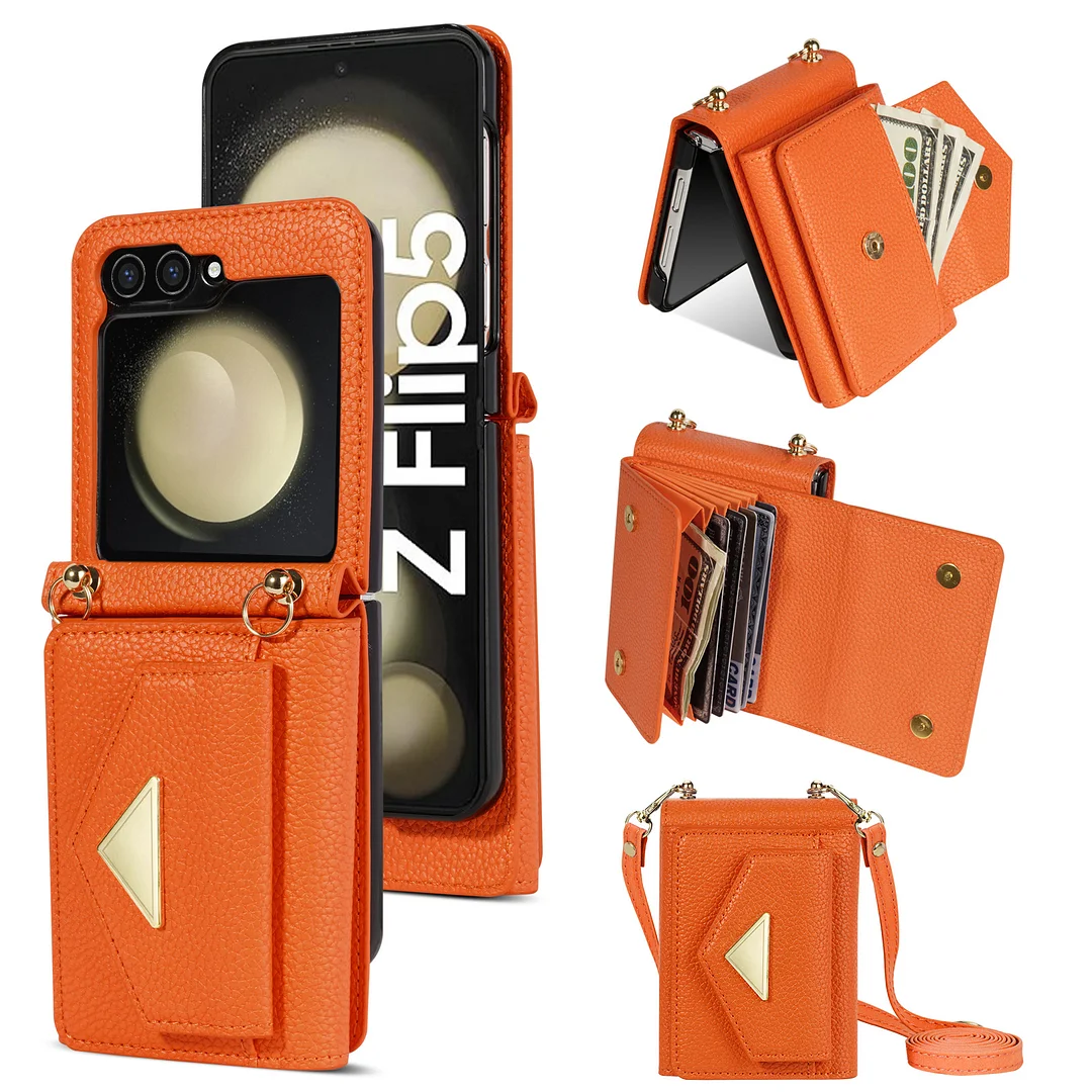 Crossbody Leather Phone Case With 6 Cards Slot,Detachable Lanyard And Hinge For Galaxy Z Flip3/Z Flip4/Z Flip5
