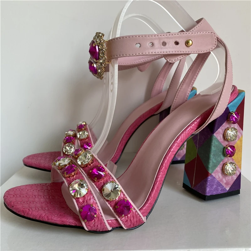 TAAFO Sandals Women Crystal Embellished Open Toe Ankle Strap Sandals Block Heel Rhinestone Shoes Woman
