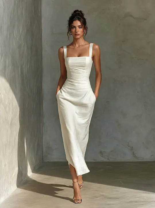Square Neck Fitted Waist Linen Midi Dress