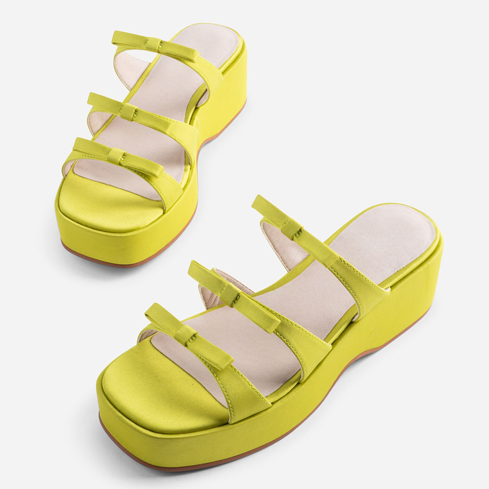 Lemon Yellow Open Square Toe Wedge Heel Platform Sandals