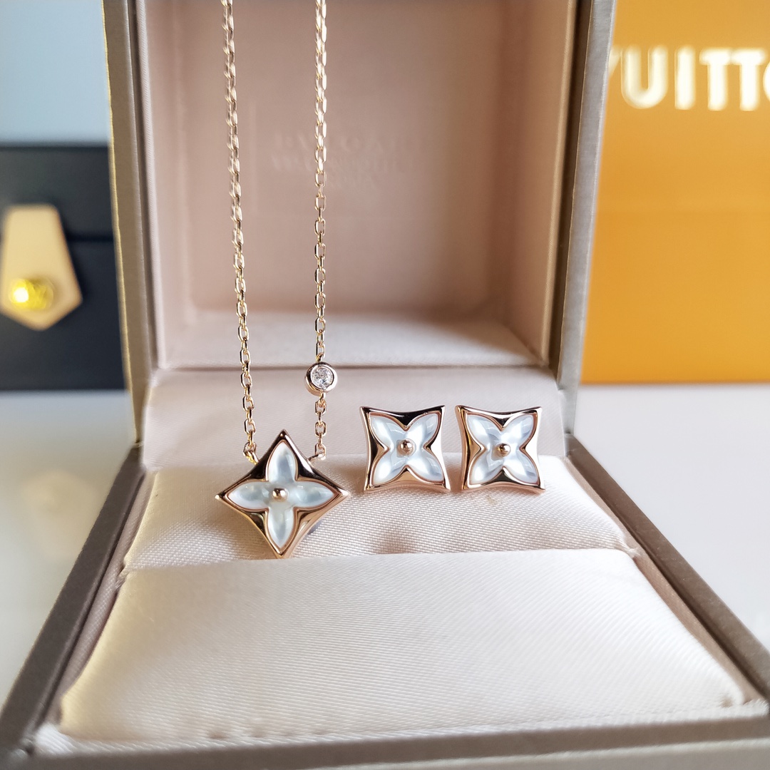 Louis Vuitton Rose Gold White Mother of Pearl Blossom Earrings Necklace