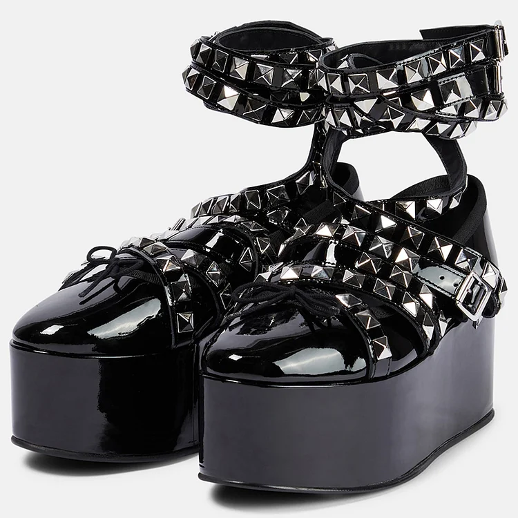 Black Platform Wrapped Shoes Women's Vintage Wedge Heel Studs Loafers |FSJ Shoes